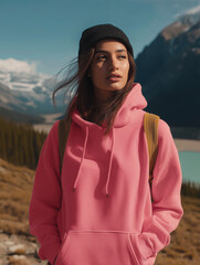 Female Traveler Wearing Pink Hoodie And Beanie