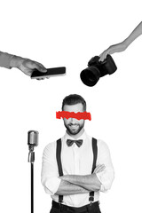 Vertical collage young handsome gentleman camera shoot capture photo session journalist interview microphone device eyesight cutout