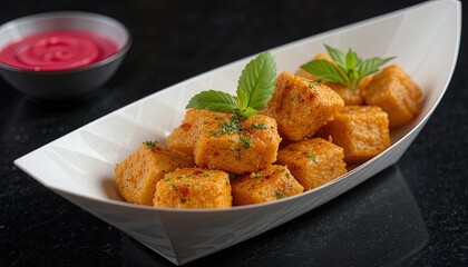 Fototapeta premium Savory potato croquettes with vibrant herbs and dipping sauce, perfect for restaurant menus, food blogs, and culinary promotions that crave authentic flavor