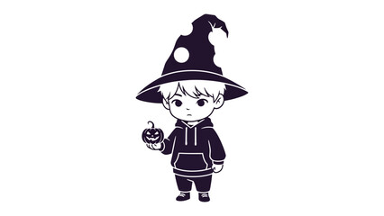 Halloween Witch Boy: A cute illustration of a boy dressed as a witch with a hat and carrying a pumpkin,perfect for Halloween related projects.