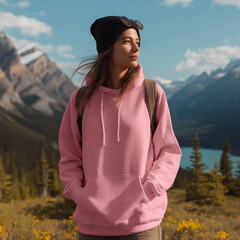 Female Traveler Wearing Pink Hoodie And Beanie