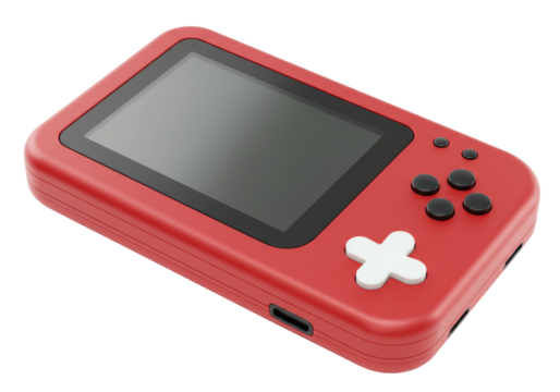 Red handheld game console isolated on white, portable gaming device for retro entertainment and nostalgic fun