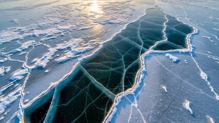 Aerial view of ice fragments on frozen lake surface in winter - Powered by Adobe