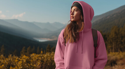 Young Woman In Pink Hoodie And Beanie Outdoors
