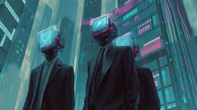 Three TV-headed figures in a futuristic cityscape - Powered by Adobe