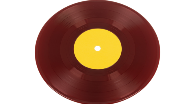 Burgundy vinyl record isolated on transparent background, vintage music disc for DJ and audio enthusiasts
