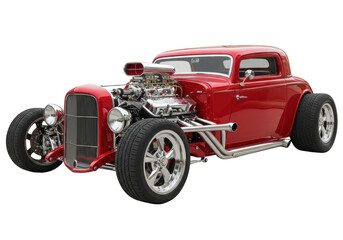 Red vintage hot rod car isolated, classic custom vehicle with chrome engine and exhaust pipes for automotive enthusiasts and collectors