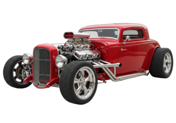 Red vintage hot rod car isolated, classic custom vehicle with chrome engine and exhaust pipes for automotive enthusiasts and collectors