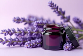Lavender cream in a  jar with flowers