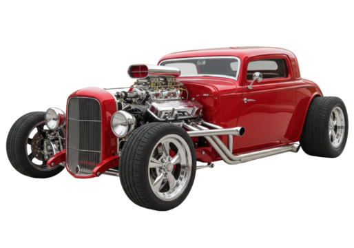 Red vintage hot rod car isolated, classic custom vehicle with chrome engine and exhaust pipes for automotive enthusiasts and collectors