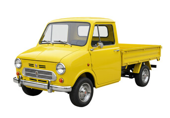 Bright yellow vintage pickup truck isolated on transparent background, classic Italian commercial vehicle for transportation and delivery