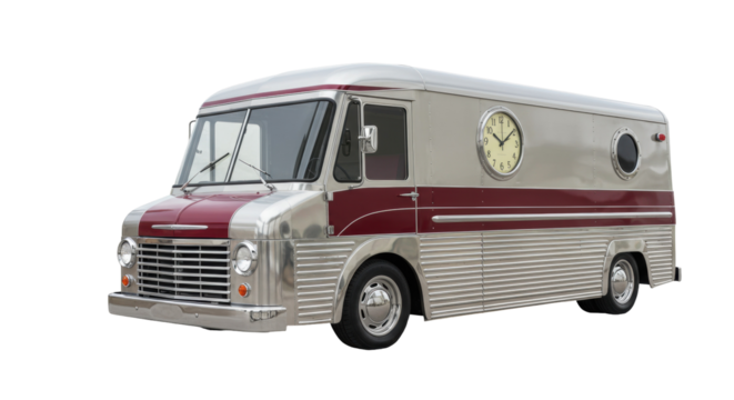 Vintage silver and maroon delivery truck with clock isolated, classic vehicle for transportation and time-sensitive deliveries