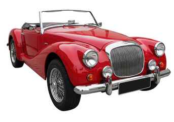 Classic red convertible car isolated on transparent background, vintage automobile with chrome details for transportation and design use