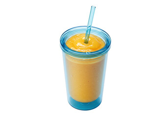 Refreshing mango smoothie in a blue tumbler with straw isolated on transparent background, healthy drink for summer