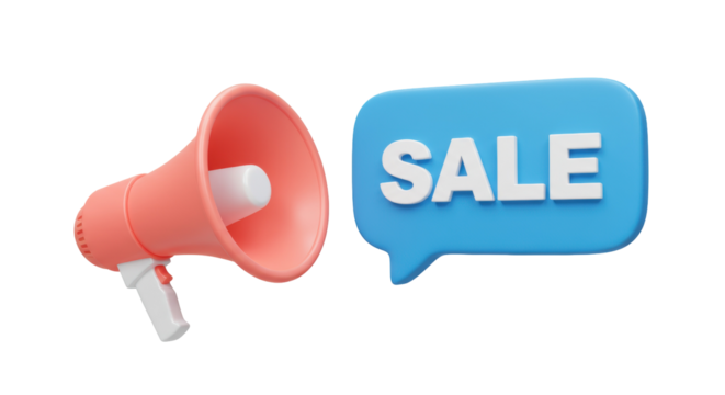 Pink megaphone with blue speech bubble saying SALE isolated PNG, marketing announcement for advertising and promotion on transparent background