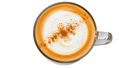 Cappuccino with cinnamon powder isolated on transparent background, coffee drink with milk foam in a glass mug for breakfast or cafe
