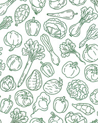 Fototapeta premium Hand drawn vegetable pattern, green line art organic food background, seamless garden produce illustration, fresh farm vegetables eps