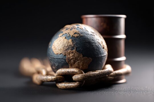 Earth chained by oil barrel. Industry bisness concept
