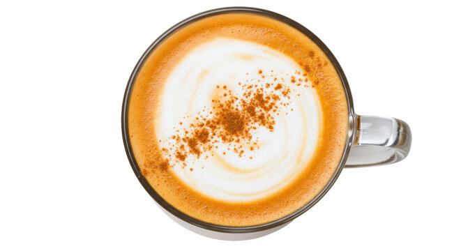 Cappuccino with cinnamon powder isolated on transparent background, coffee drink with milk foam in a glass mug for breakfast or cafe