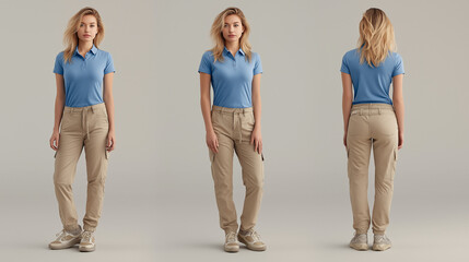 Female Fashion Model In Blue Polo And Cargo Pants For Clothing Mockup