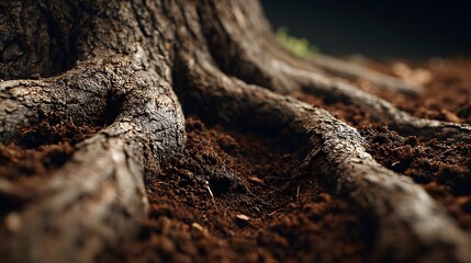 The intricate roots of a mature tree spread across the dark, rich soil, showcasing natures resilience and the profound connection between life above and below.
