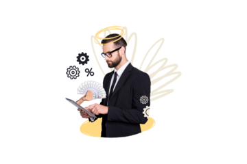 Trend artwork composite sketch image photo collage of young man businessman hold tablet cogwheel process banknote money dollar think mind