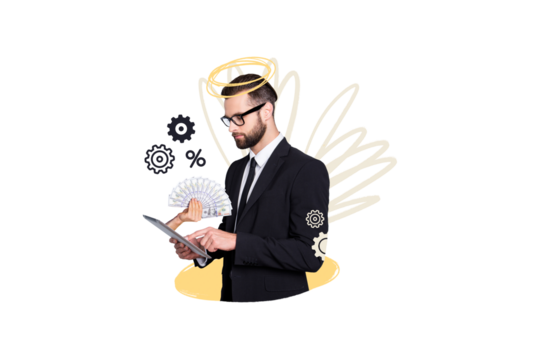 Trend artwork composite sketch image photo collage of young man businessman hold tablet cogwheel process banknote money dollar think mind