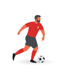 Colorful flat vector illustration of a soccer player in motion, wearing a blue and white striped jersey, black shorts, and black socks while dribbling a football