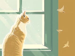 Indoor scene featuring a cat perched by a window watching birds flying around