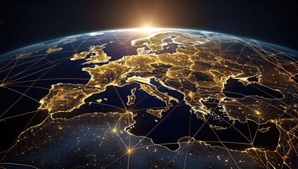A digital rendering of Europe at night, illuminated cities connected by a network of golden lines, set against the backdrop of space showing the sunrise over the horizon