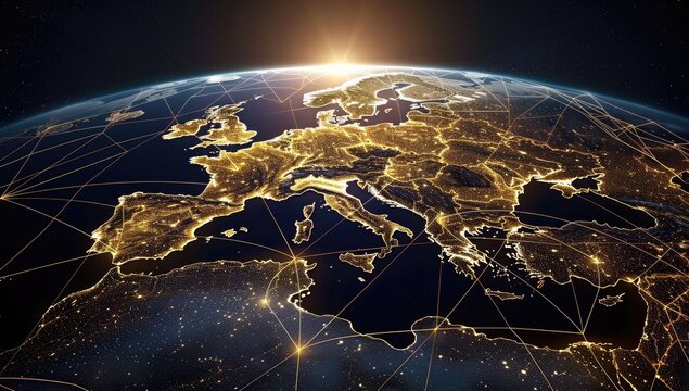 A digital rendering of Europe at night, illuminated cities connected by a network of golden lines, set against the backdrop of space showing the sunrise over the horizon - Powered by Adobe