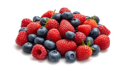 A mound of fresh berries including strawberries raspberries and blueberries on a plain white background
