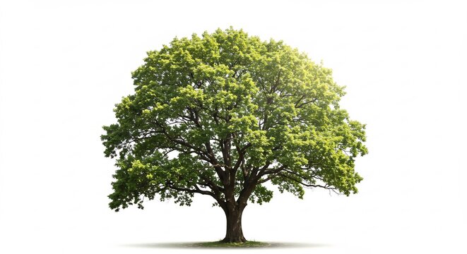Hermoso &aacute;rbol verde frondoso en pleno d&iacute;a de verano resaltando bajo luz natural intensa sobre fondo blanco puro