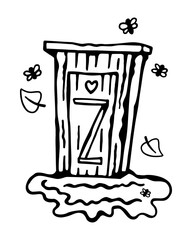 Black and white vector illustration of an old crowded wooden street toilet with a carved heart on the door on a white isolated background