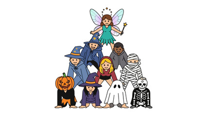 Halloween Fantasy: A colorful illustration of diverse people in Halloween costumes, including a witch, a ghost, and a mummy, embodies the spirit of the holiday, inviting us into a realm of fantasy.