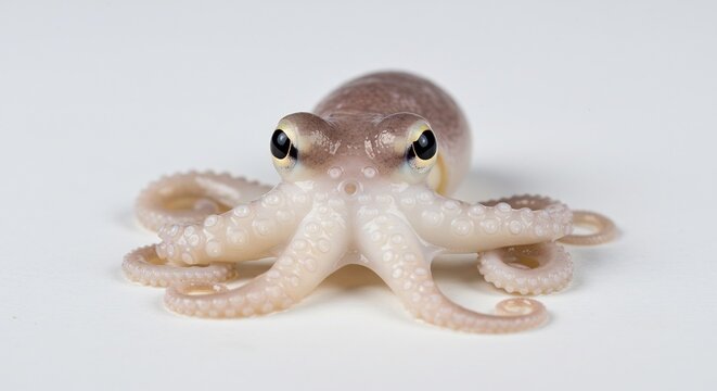 Curioso pulpo beb&eacute; de tonos pastel posa tiernamente con luz de estudio clara destacando su delicadeza.