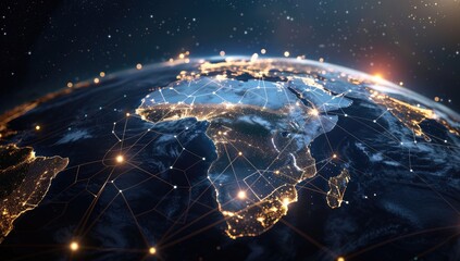 A digitally enhanced image depicts Earth at night, showcasing city lights and a network of interconnected lines representing global communication or transportation
