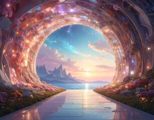 Beautiful, ethereal, and dreamlike scenery features a grand, arched portal leading to a stunning vista with ocean, mountains, and a glorious sunset sky, 