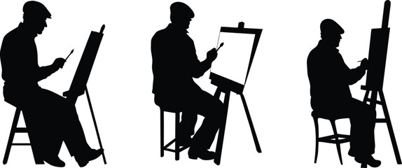 Three artists painting on easels silhouette