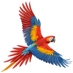 Fototapeta premium Scarlet macaw in flight with colorful feathers isolated on transparent background