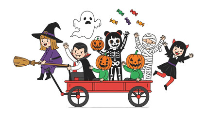 Halloween Parade: An illustration of children in playful Halloween costumes joyfully riding a red wagon. Embracing the festive spirit, the diverse costumes, including a witch, vampire, and mummy.