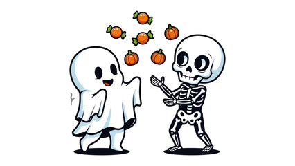 Halloween Playtime: A whimsical illustration capturing the playful interaction of a friendly ghost and a skeleton juggling miniature pumpkins. The scene emanates the cheerful spirit of Halloween. 