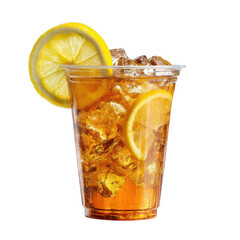 Ice tea on plastic cup with lemon, side view with [Transparent Background PNG].