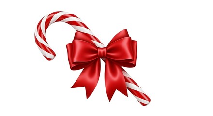 A classic red and white striped candy cane tied with a luxurious red satin bow, symbolizing christmas and holiday cheer, isolated on white background
