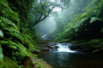 Obraz premium Lush Rainforest Stream: Immerse yourself in the verdant depths of a rainforest, where a pristine stream meanders through the vibrant foliage, creating a scene of tranquil natural beauty.