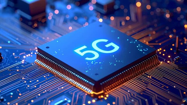 Future of global network expansion powerful 5g processor and electronic component innovation on circuit board driving high speed communication technology via glowing microchip