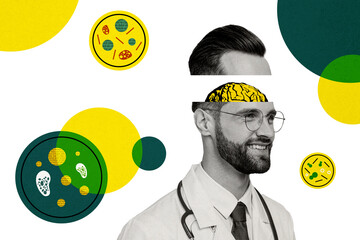 Composite photo collage of happy doctor cut head brain organ microbiology research covid illness discover isolated on painted background