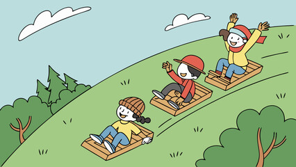 Fototapeta premium Three children joyfully sledding down a grassy hill on wooden sleds, enjoying winter fun.