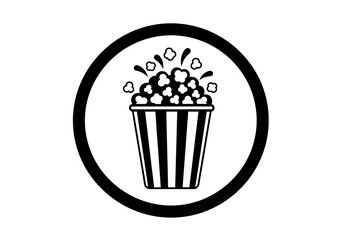 A black and white icon of a bucket of popcorn in a circle, symbolizing movie night, cinema, or snacks