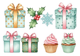 A collection of festive watercolor illustrations featuring christmas gifts, holly, a snowflake, and cupcakes, perfect for holiday greetings and decorations